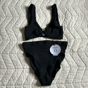 Hunza G Jessica Heart Black Crinkle Swimsuit Silver Heart